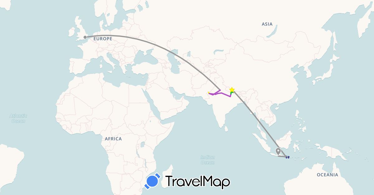 TravelMap itinerary: driving, bus, plane, cycling, train, hiking, boat, camel, jeep in United Kingdom, Indonesia, India, Malaysia, Nepal (Asia, Europe)